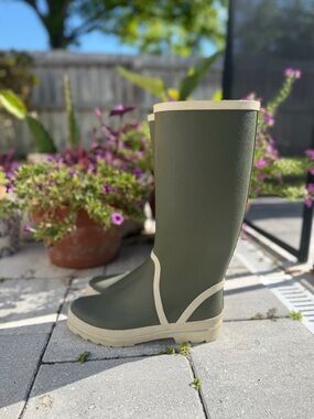J. Crew Olive Green Rain Boots with Cream Trim